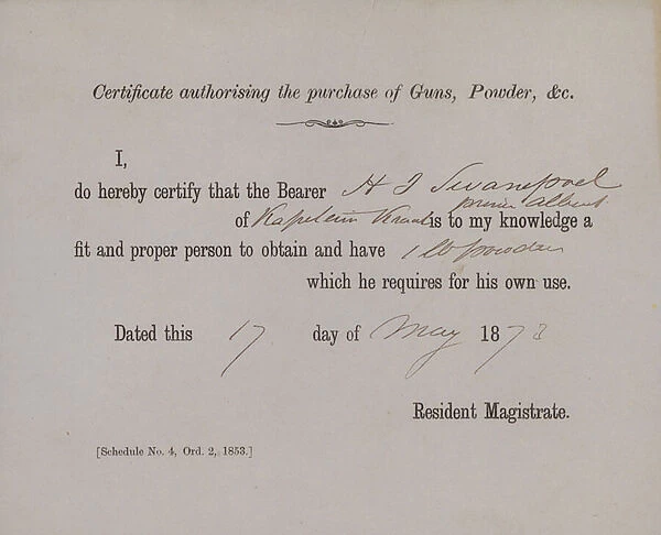 Certificate authorising the purchase of Guns, Powder &c, 1873 (litho)