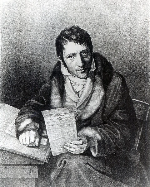 Charles-Joseph Panckoucke holding a copy of Le Moniteur Universel (engraving)