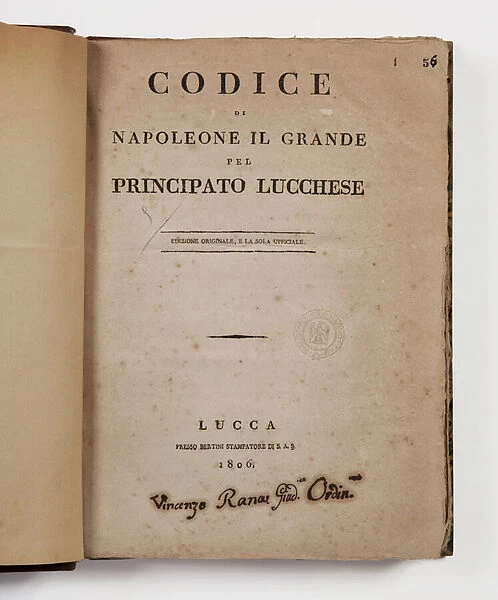 Code of Napoleon the Great for the principality of Lucca, first official edition, Lucca