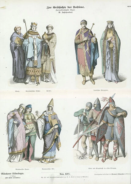 Costumes of the 11th Century (coloured engraving)