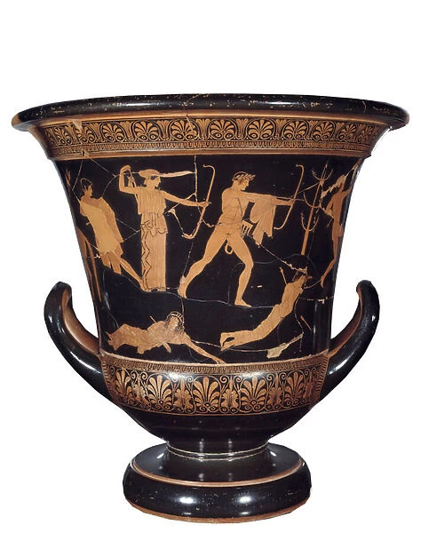 Crater in chalice with red figures representing Apollo and Artemis slaughtering