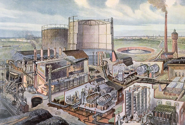 Cross section of a gas factory (colour engraving)
