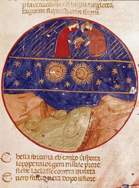 Dante and Beatrice look from heaven, Earth and stars. Illuminated page illustrating a