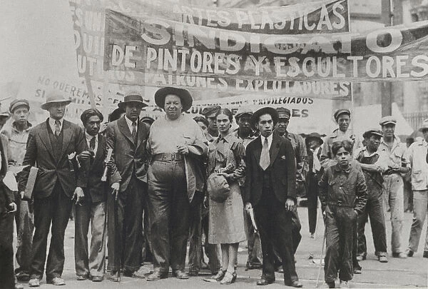Diego Rivera and Frida Kahlo in the May Day Parade, Mexico City, 1st May 1929 (b  /  w photo)