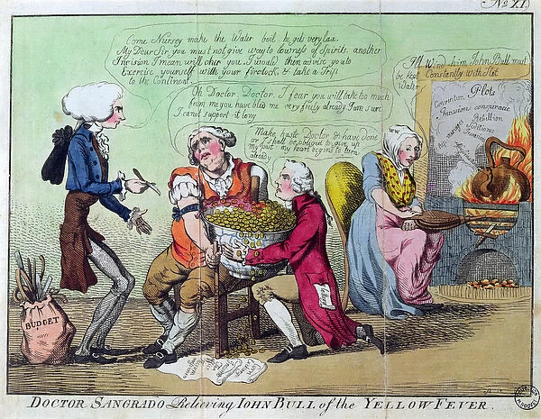 Doctor Sangrado Relieving John Bull of the Yellow Fever (coloured engraving)