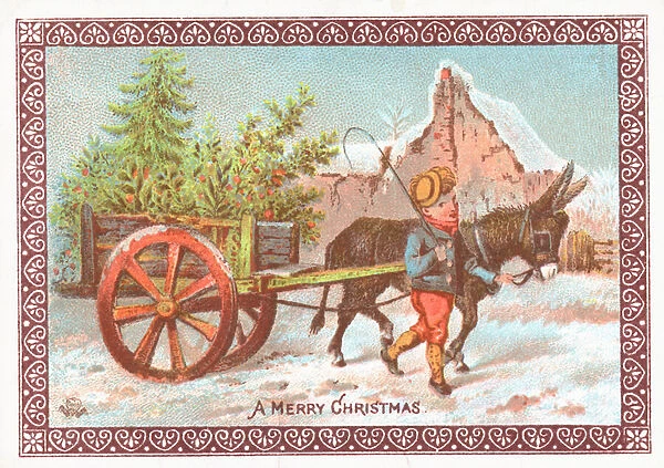 Donkey pulling cart, Christmas Card (chromolitho)