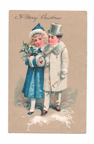 Edwardian Christmas postcard of two children dressed in top hat