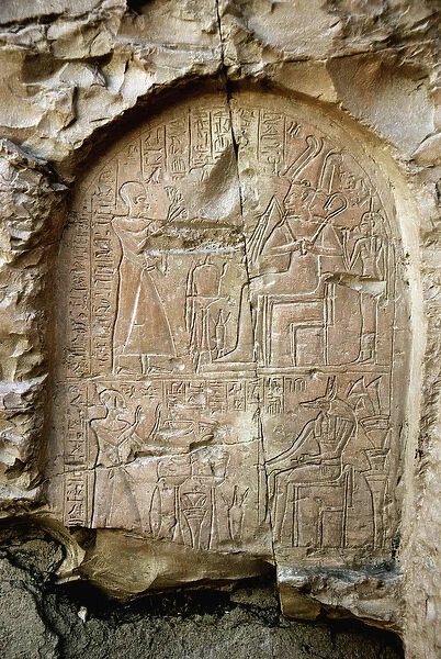 Egyptian antiquite: stele gravee in the rock of the tomb of Kha em Het (Khaemhat