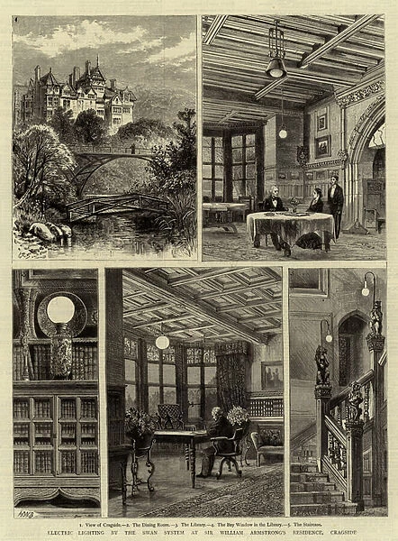 Electric Lighting by the Swan System at Sir William Armstrongs Residence, Cragside (engraving)