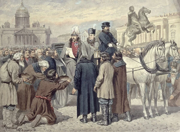 Emperor Alexander II proclaiming the Emancipation Reform of 1861, 1880 (colour litho)