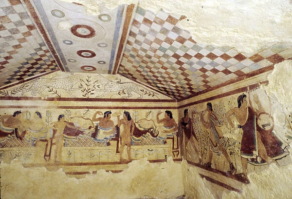 Etruscan Tomb of Leopards, fresco showing banquet scene, Tarquinia