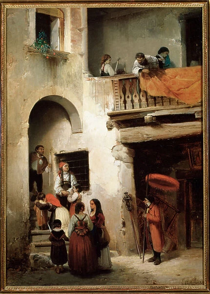 Extreme unction, a family waiting outside of the house of a dying man Painting by Guglielmo Castoldi (1823-1882) 1858 Dim 89x64 cm Genes, Galleria d Arte Moderna, inv 303