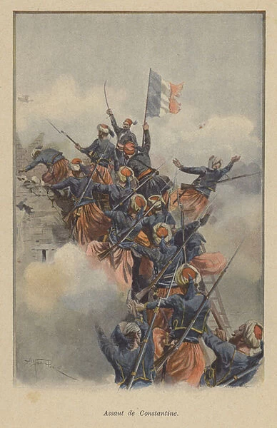 The French assault on Constantine during the conquest of Algeria, 1837 (colour litho)