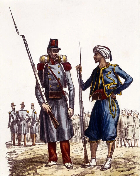 French military uniform: On the left, a foreign legion formed and sent to Algeria in 1831