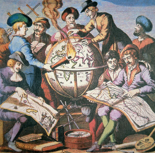 Frontispiece of Dutch Chart Atlas showing a group of cartographers and instruments, c