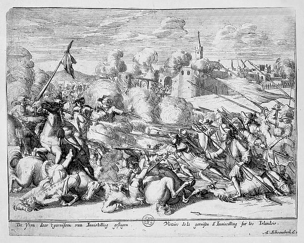 The garrison at Enniskillen defend the town from James II, 1689 (etching)