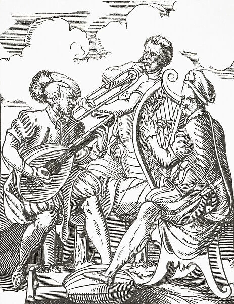 German musicians playing the lute and the guitar, 1878 (litho)