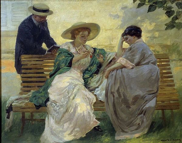Good time: 'The talk'Group of bourgeois reading on a bench by Rupert Bunny (1864-1947) 1885