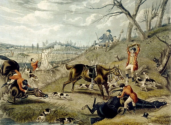The Grand Leicestershire Fox Hunt, plate 4, engraved by Charles Hunt, 1839 (colour litho)