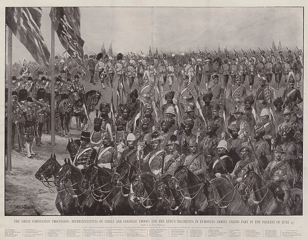 The Great Coronation Procession, Representatives of Indian and Colonial Troops and the Kings Regiments in European Armies taking part in the Pageant of 27 June (litho)