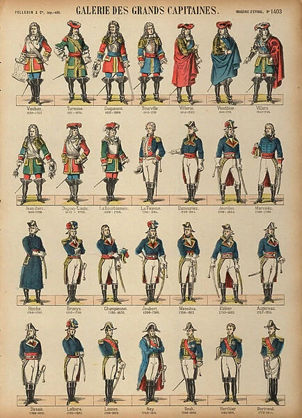 Great French military commanders (coloured engraving)