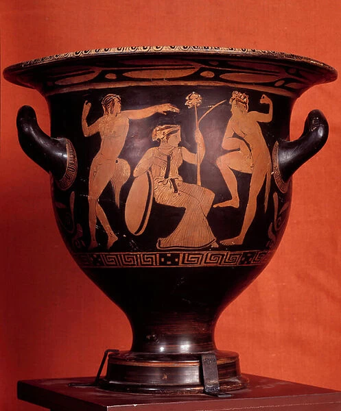 Greek art: black crater with red figures representing a Dionysian scene with silenes