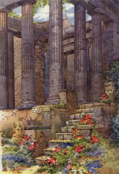 Greek Temple of Hercules, Cori (colour litho)