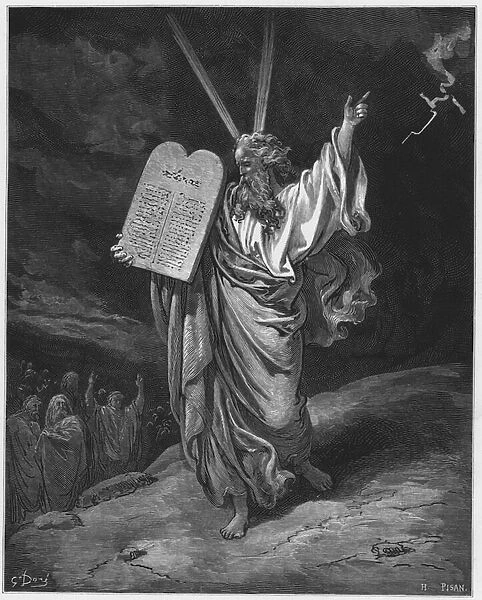 Gustave Dore Bible: Moses coming down from Mount Sinai (engraving)