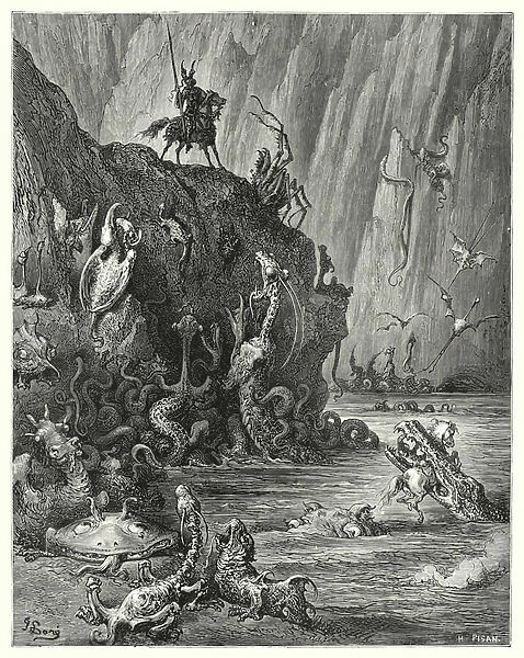 Gustave Dores Don Quixote: 'A vast lake of boiling pitch, in which an infinite multitude of fierce and terrible creatures are traversing backwards and forwards'(engraving)