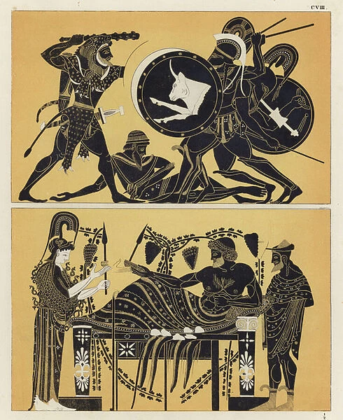 Hercules fighting Geryon and Geryon with Athena and Dionysos (colour litho)