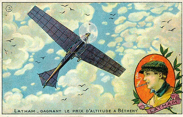 Hubert Latham winning the altitude prize at the Reims-Betheny air meeting, 1909 (chromolitho)