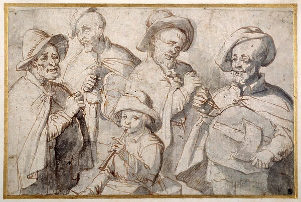 Four hurdy-gurdy players and a boy with a pipe, c. 1650-99 (pen & ink on paper)