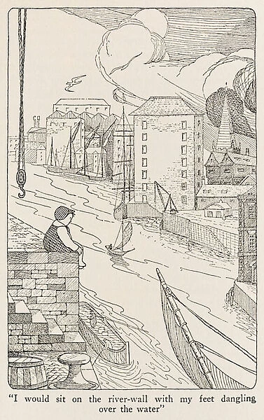 'I would sit on the river-wall with mny feet dangling over the water'illustration from The Voyages of Doctor Dolittle, 1922