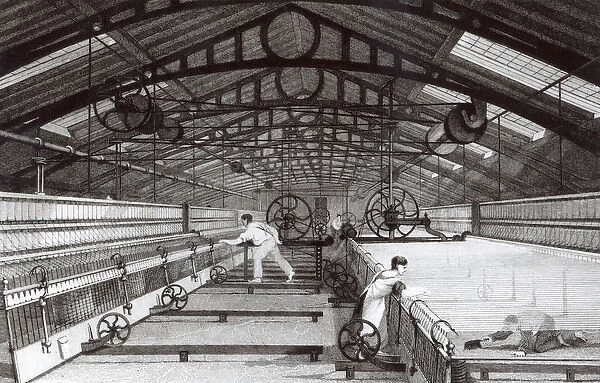 Interior of a Cotton Mill (engraving) (b&w photo)