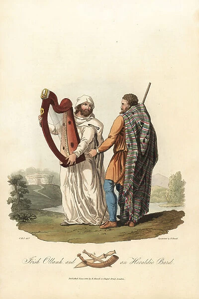 Irish ollamh and an heraldic bard, pre-Roman era. 1821 (engraving)