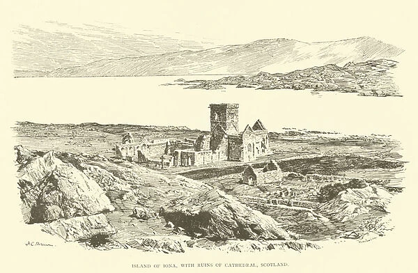 Island of Iona, with ruins of Cathedral, Scotland (engraving)