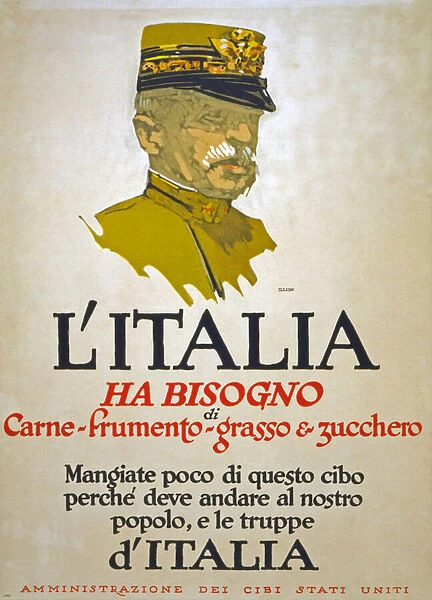 Italy has need of meat, wheat, fat, and sugar, 1917 (colour litho)
