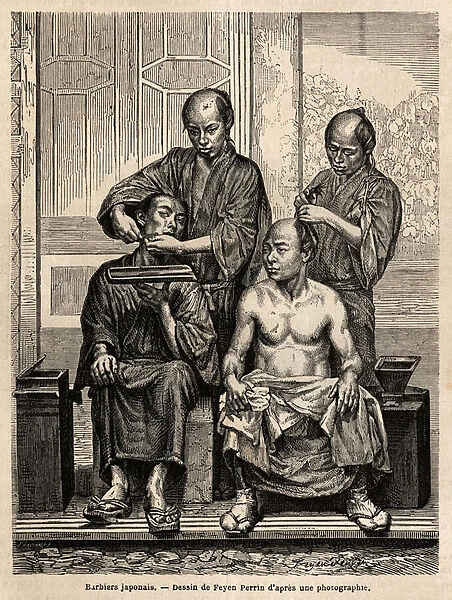 Japanese barbers in their shop, one shaving a beard, the other styling a bare-torso man