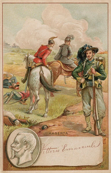 King Victor Emmanuel of Italy and the battlefield of Magenta (chromolitho)