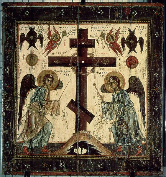 L adoration de la Croix (The Adoration of the Cross). Deux anges adorant la croix russe orthodoxe. Icone russe, tempera sur bois, entre 1130 et 1200, art de Novgorod (Russie). State Tretyakov gallery, Moscou (Russie)