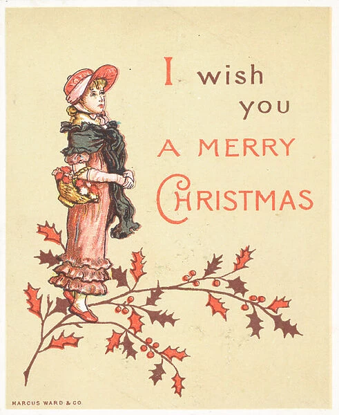Lady with basket on arm, Christmas Card (chromolitho)