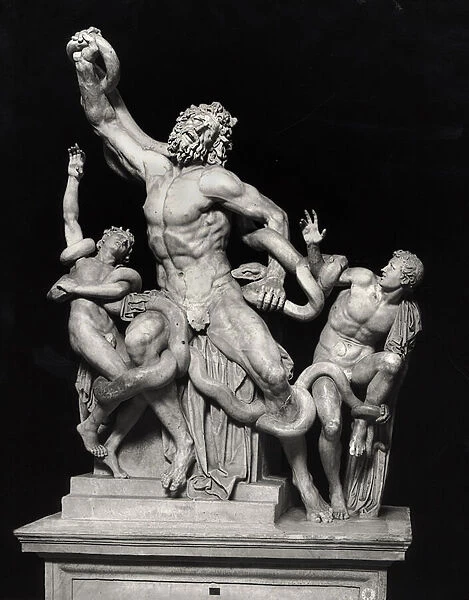 Laocoon, prior to 20th century restoration, with extended arm (marble) (b  /  w photo)