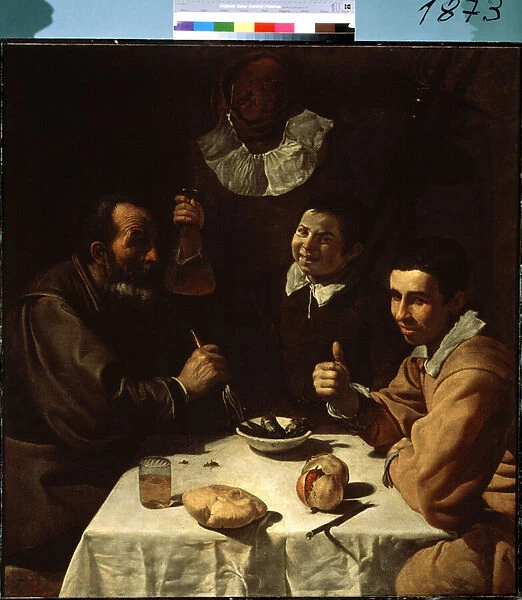 Le repas (Luncheon). Peinture de Diego Velasquez (1599-1660). Huile sur toile, 108, 5 x 102 cm, vers 1617-1618. Art espagnol, art baroque. Musee de l Ermitage, Saint Petersbourg