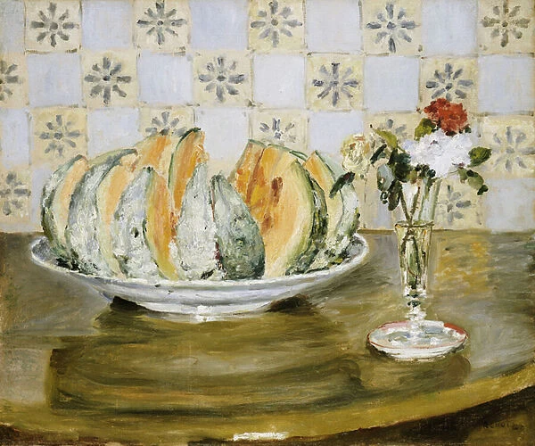 Still life of a melon and a vase of flowers, c. 1872 (oil on canvas)