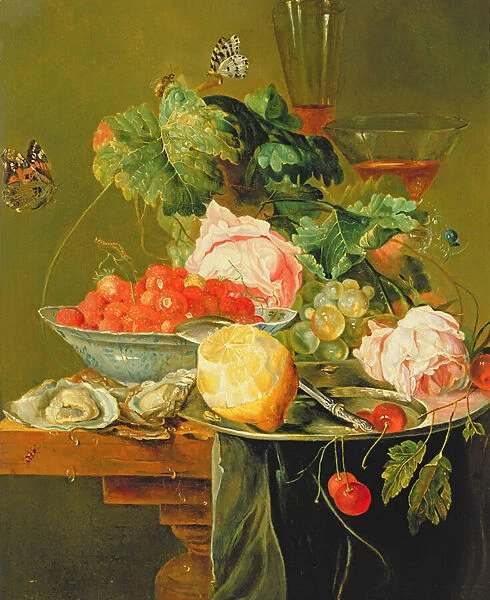 Still Life of Roses, Oysters, Strawberries in a Porcelain Bowl