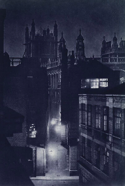 London at night: Red Lion Passage and Rolls and Records Office, Chancery Lane (b  /  w photo)