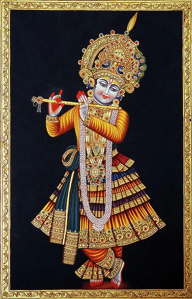 Lord Krishna Playing Flute Miniature Painting on Paper