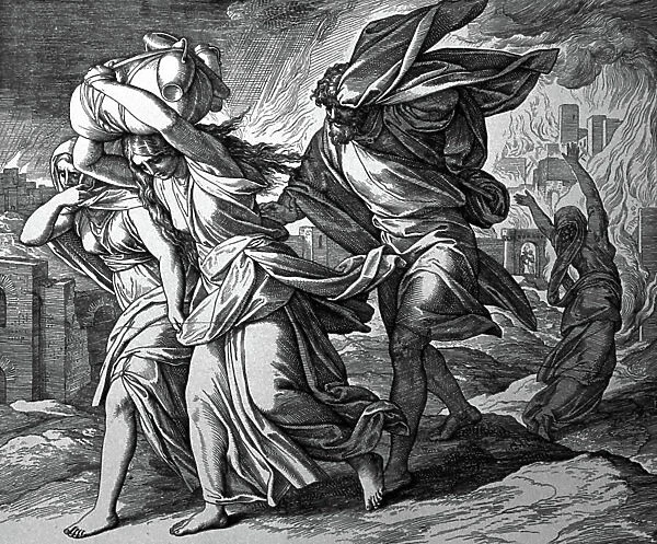 Lot and his family flee from Sodom, 1860 (engraving)