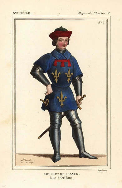 Louis I Duke of Orleans, Duke of Orleans, Count of Valois, second son of King Charles V of France, 1371-1407. Handcoloured lithograph by Leopold Massard after a fresco in the Carmelite cloisters in Toulouse from Le Bibliophile Jacob aka Paul
