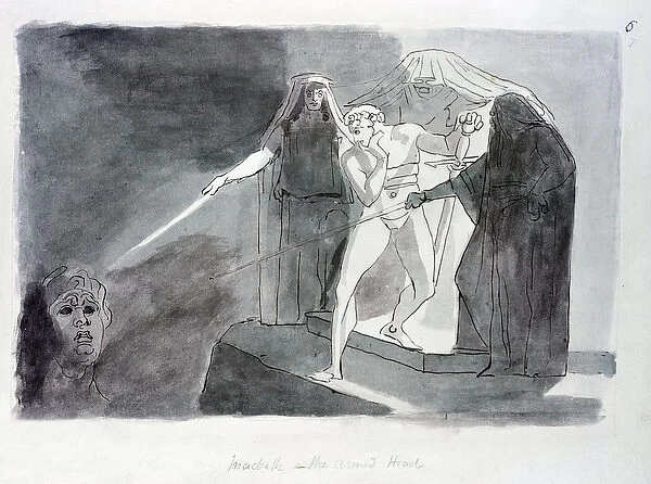 Macbeth and the Armed Head (pen and wash on paper) (b  /  w photo)